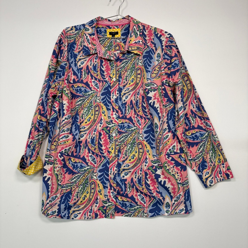 Talbots Women Button Down Shirt 3X Multicolor Paisley FlipCuff Cotton LongSleeve